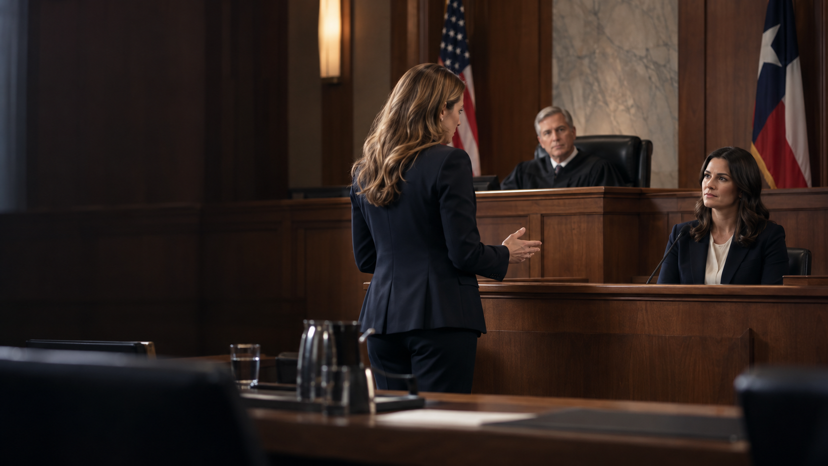 Female defense attorney questioning a witness in court