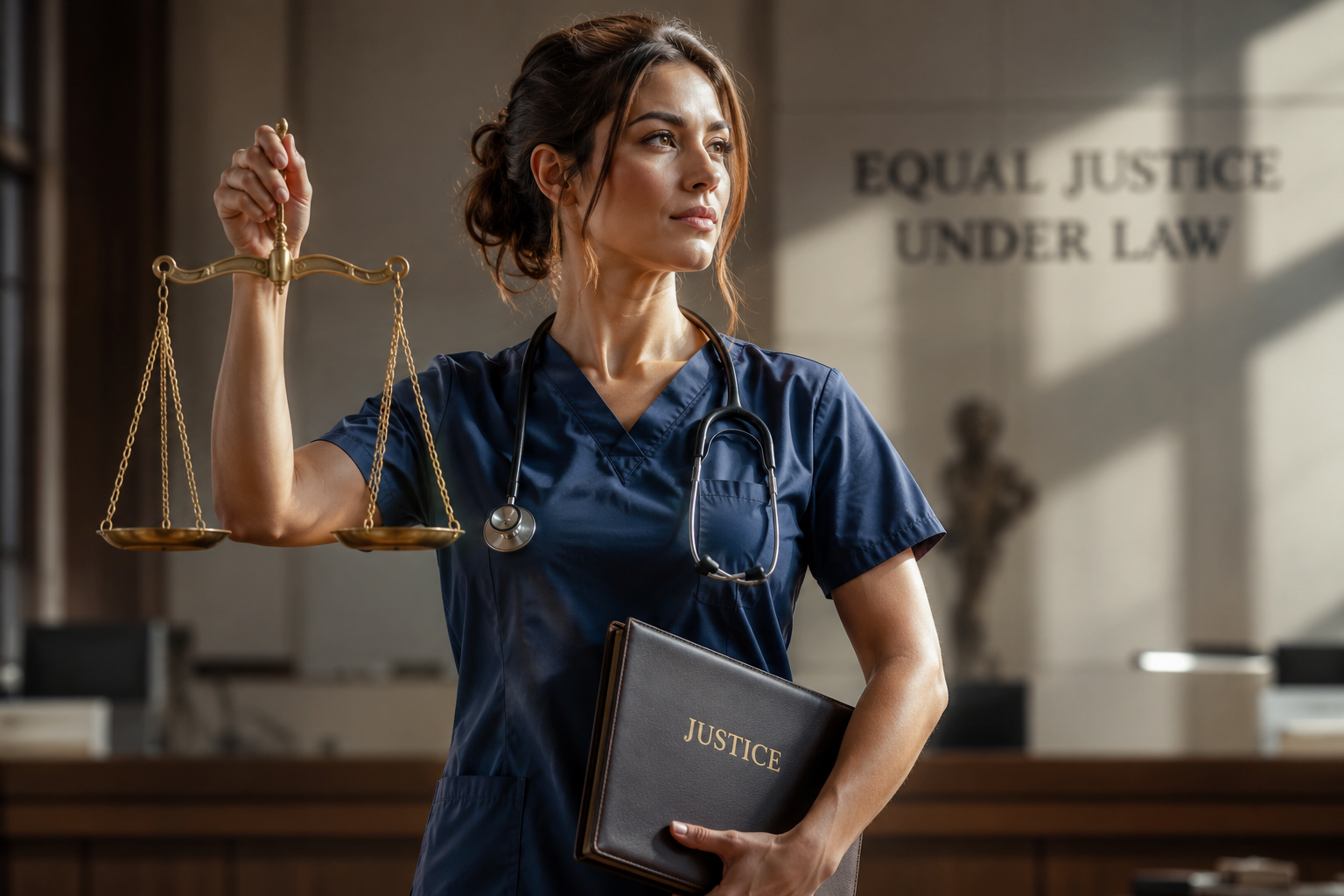 Healthcare professional holding the scales of justice