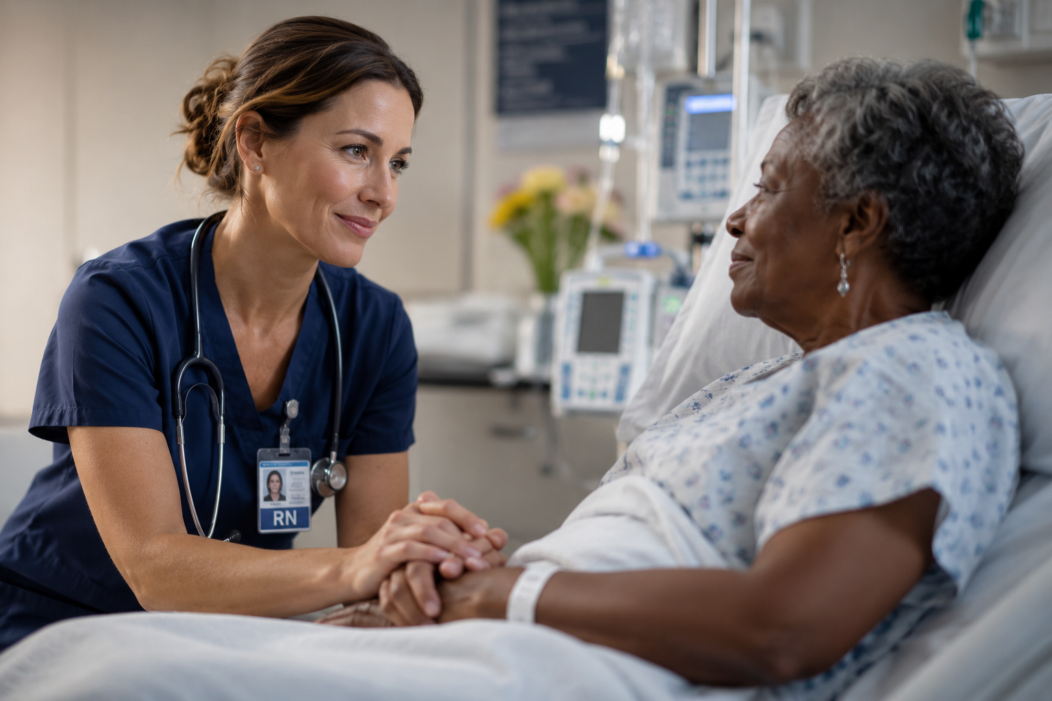 Healthcare professional holding a patient's hand